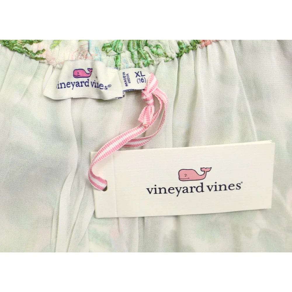Vineyard Vines Girls Smocked Waist Dress Green Pink Palms Viscose Sz XL(16) NWT - Picture 7 of 9